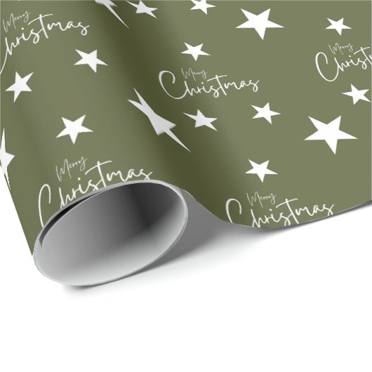 Witte vrolijke kerststerren op groen cadeaupapier (Rol Hoek)
