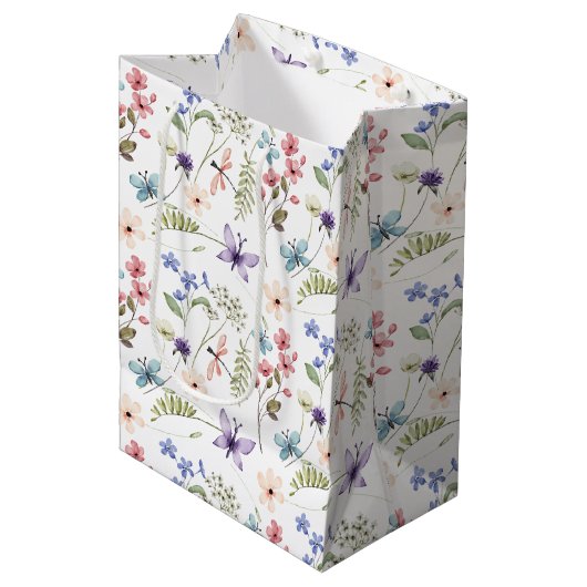 Witte Vrouwelijke Waterverf Wildflower Pattern Medium Cadeauzakje (Voorkant Gekanteld)