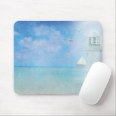 Witte vuurtoren en zeilboot muismat (Met muis)
