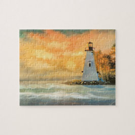 Witte vuurtoren en zonsondergang puzzel
