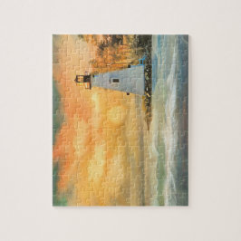 Witte vuurtoren en zonsondergang puzzel