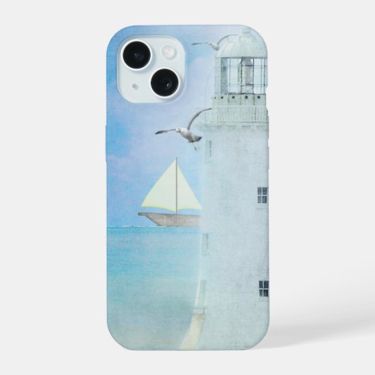 witte vuurtoren met zeilboot iPhone 15 hoesje (Achterkant)