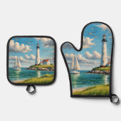 Witte vuurtoren met zeilboot ovenwant & pannenlap set (Voorkant)