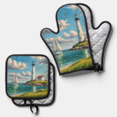 Witte vuurtoren met zeilboot ovenwant & pannenlap set (Voorkant / Achterkant)