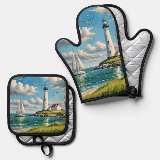 Witte vuurtoren met zeilboot ovenwant & pannenlap set (Voorkant / Achterkant)