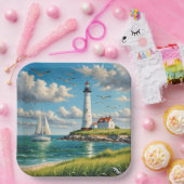 Witte vuurtoren met zeilboot papieren bordje (Feest)