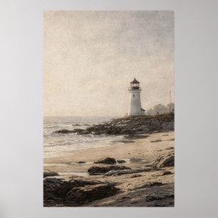 Witte vuurtoren op een rotsachtige kust poster
