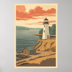 Witte vuurtoren op okerkleurige kaap Retro Reis Po Poster