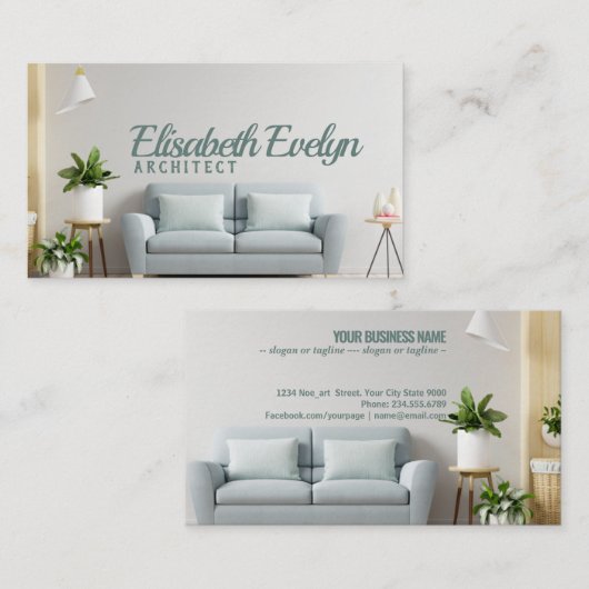 Witte wand woonkamer heeft sofa en decoratie visitekaartje (Voorkant / Achterkant)