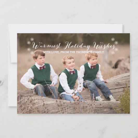 Witte warme kerstwensen foto plat kaart (Voorkant)