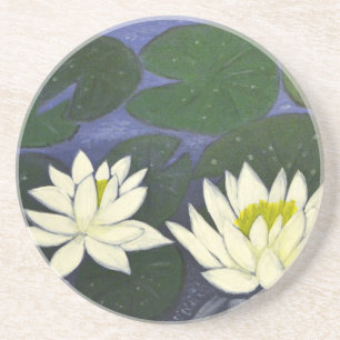 Witte Waterlelie Bloemen, Acrylschildering Zandsteen Onderzetter