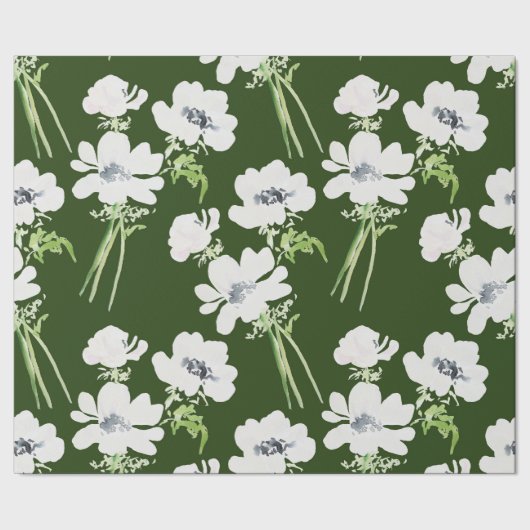 Witte waterverf anemonbloemen op groen cadeaupapier (Zoom)