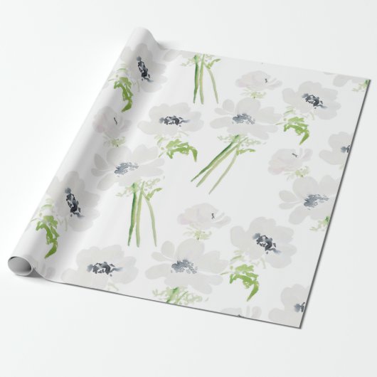Witte waterverf anemonbloemen op wit cadeaupapier (Uitgerold)