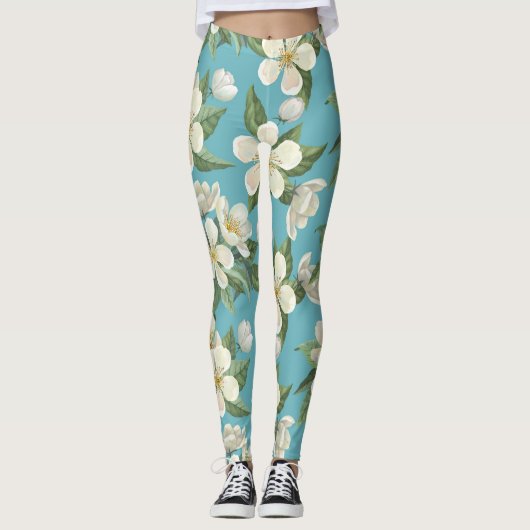 Witte Waterverf bloeit groene bladeren Leggings (Voorkant)