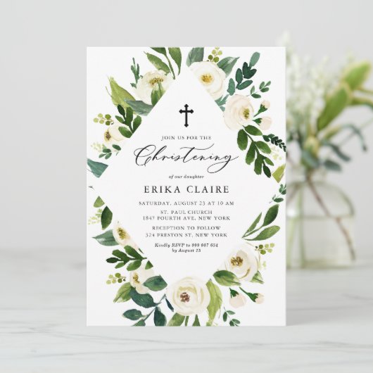 Witte Waterverf bloemblaadjes Lijst doopsel Kaart (Staand voorkant)