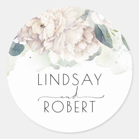 Witte Waterverf Bloemen Elegant  Geïnspireerd Ronde Sticker (Voorkant)