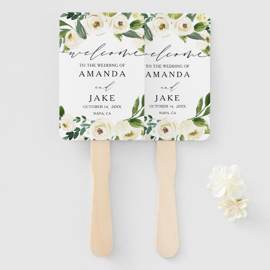 Witte Waterverf Bloemen Groen Bruiloft Welkom Handwaaier (Voorkant en achterkant)