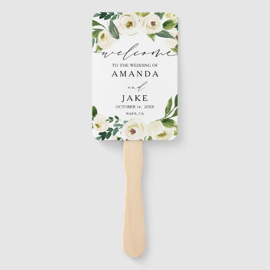Witte Waterverf Bloemen Groen Bruiloft Welkom Handwaaier (Achterkant)