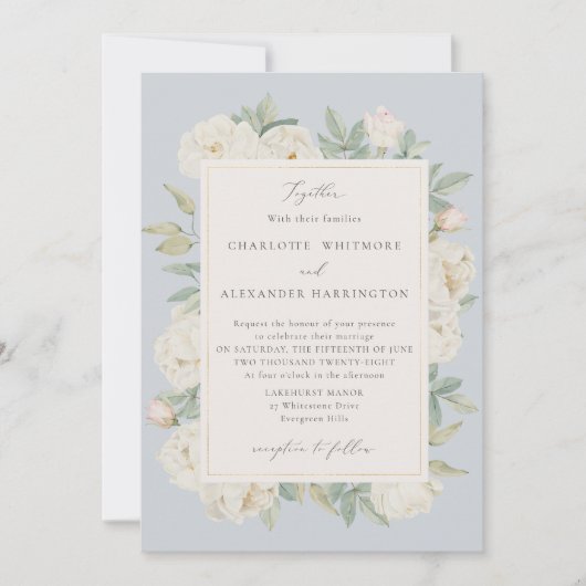 Witte waterverf Bloemen, lichtblauwe bruiloft Kaart (Voorkant)