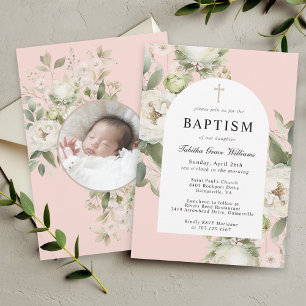Witte Waterverf Bloemen met Baby Foto Doop Kaart