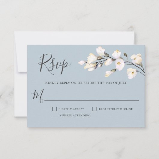 Witte Waterverf Bloemen op Blue Wedding RSVP (Voorkant)