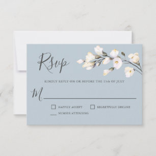Witte Waterverf Bloemen op Blue Wedding RSVP Kaartje