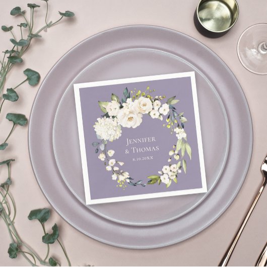 Witte Waterverf Bloemen op Lavendel Bruiloft Servet