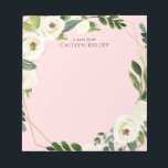 Witte Waterverf bloemen, roze gepersonaliseerd Notitieblok<br><div class="desc">Dit prachtige notitieblok heeft een stoplicht en waterverf bloemen. Voeg uw verpersoonlijking toe gebruikend de vorm van de sjabloon. Om de doopvont,  de stijl,  de kleur of de lay-out te veranderen,  selecteer de optie om "verder aan te passen".</div>