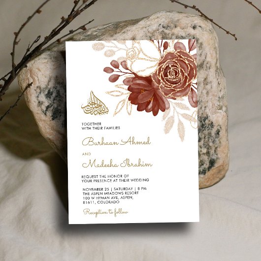 Witte Waterverf Bloemen Rustiek Goud Moslim QR Wed Kaart
