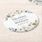 Witte Waterverf Bloemenbruid en Bruidegom Namen Ronde Kartonnen Onderzetter (Gebogen)