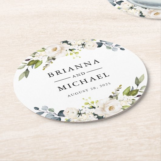 Witte Waterverf Bloemenbruid en Bruidegom Namen Ronde Kartonnen Onderzetter (Gebogen)