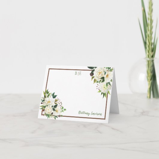 Witte Waterverf Bloemhoeken Naam Monogram Bedankkaart (Voorkant)