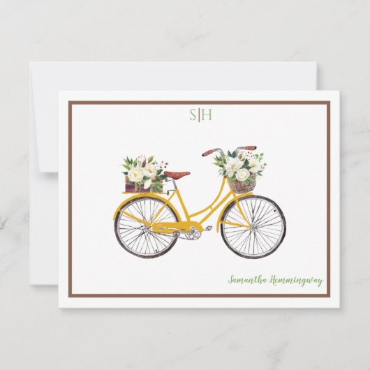 Witte Waterverf Floral Bicycle Monogram Naam Notitiekaartje (Voorkant)