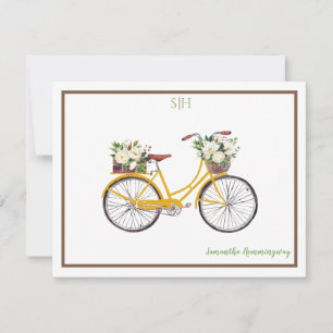 Witte Waterverf Floral Bicycle Monogram Naam Notitiekaartje