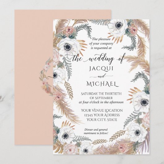 Witte Waterverf Floral BOHO Pampas Grass Tropical Kaart (Voorkant / Achterkant)