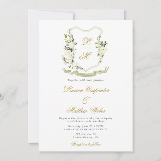 Witte Waterverf Floral Crest Huwelijksuitnodiging Kaart (Voorkant)