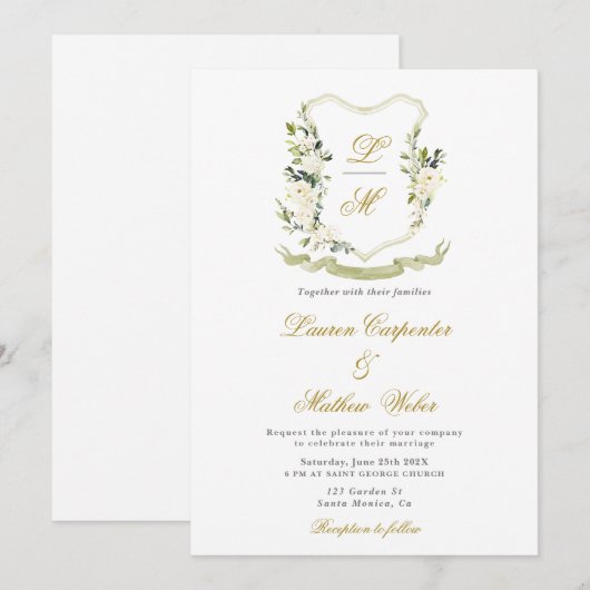 Witte Waterverf Floral Crest Huwelijksuitnodiging Kaart (Voorkant / Achterkant)
