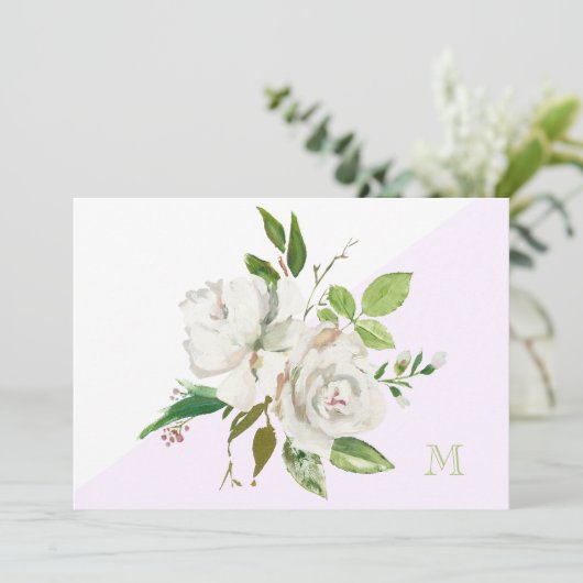 Witte Waterverf Floral Monogram Note Kaart (Staand voorkant)