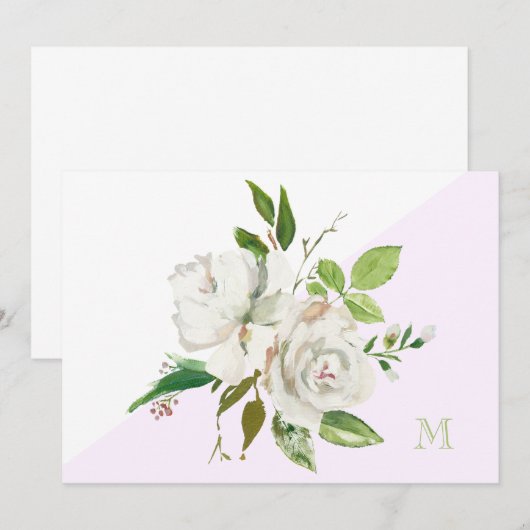 Witte Waterverf Floral Monogram Note Kaart (Voorkant / Achterkant)