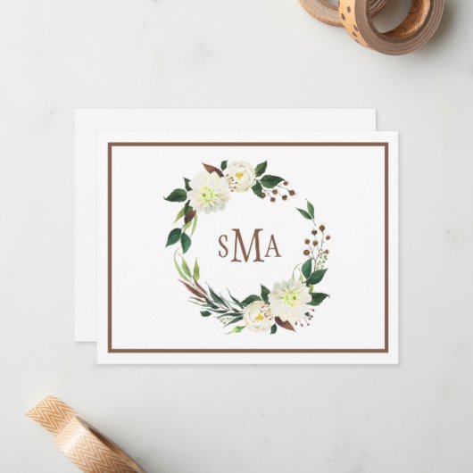 Witte Waterverf Floral Wreath Elegant Monogram Notitiekaartje (Voorkant / Achterkant in situ)