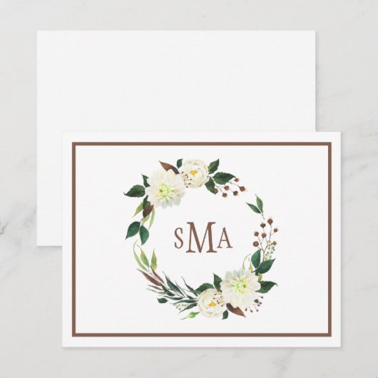 Witte Waterverf Floral Wreath Elegant Monogram Notitiekaartje (Voorkant / Achterkant)