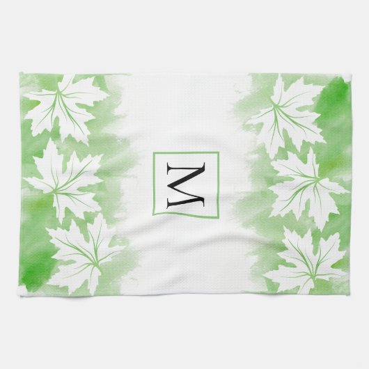 Witte waterverf met bladgroen, monogram theedoek (Horizontaal)