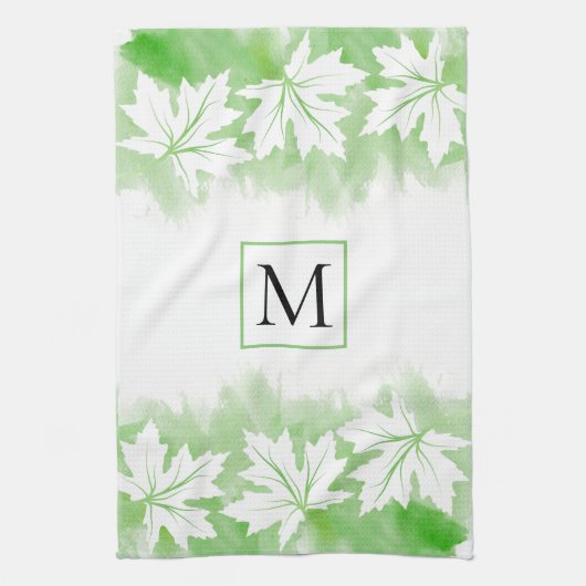 Witte waterverf met bladgroen, monogram theedoek (Verticaal)