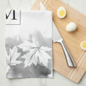 Witte waterverf met mazelblad, grijs, monogram theedoek (Quarter Fold)