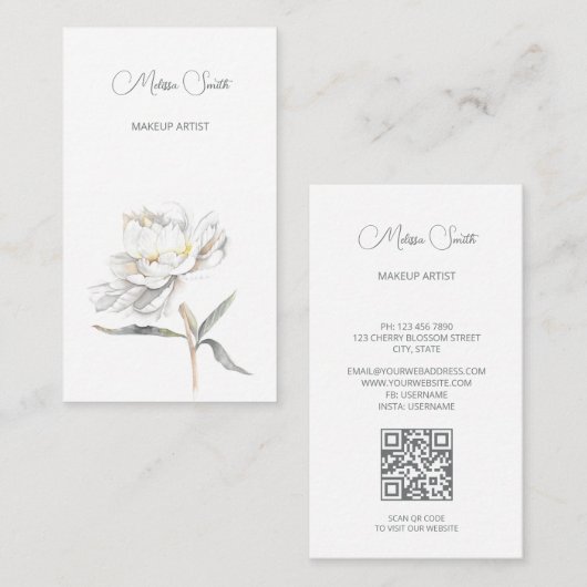 Witte Waterverf pioenbloem Visitekaartje (Voorkant / Achterkant)
