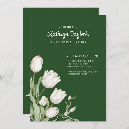 Witte Waterverf Tulpen Verjaardagsfeestje Uitnodig Kaart (Voorkant / Achterkant)