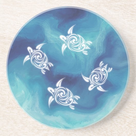 Witte Waterverf van de Blauwe Oceaan Kustkust Zandsteen Onderzetter (Voorkant)