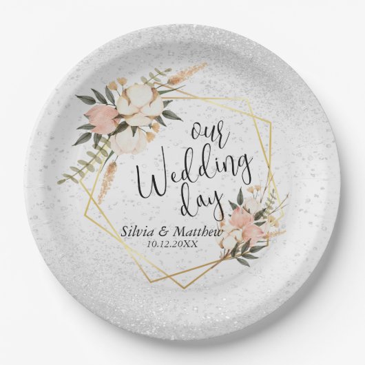 Witte Waterverf van Glitter en Peach Papieren Bordje (Voorkant)