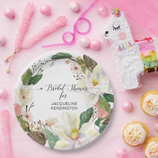 Witte Waterverf van Magnolia Blush Floral Foliage Papieren Bordje (Feest)