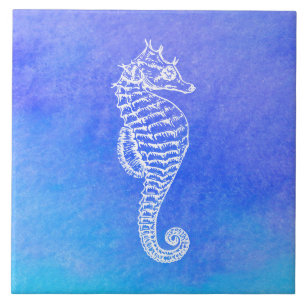 Witte Waterverf van Seahorse Blue Turquoise Tegeltje